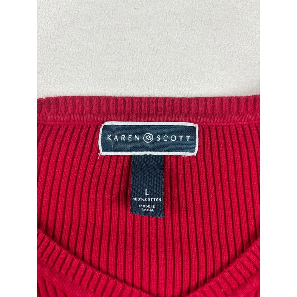 Karen Scott Womens Red Ribbed‎ V-Neck Cotton Sweater Large Long Sleeve Top